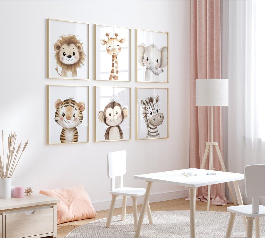 Safari Animal Nursery Wall Art Set of 6, Neutral Jungle Baby Room Decor, Lion Giraffe Elephant Prints, Cute Zoo Animals for Boys or Girls