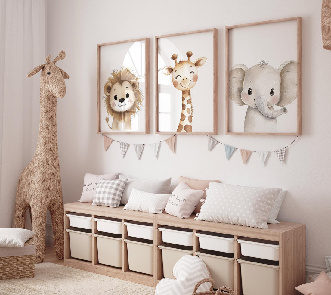 Safari Animal Nursery Wall Art Set of 3, Lion Giraffe Elephant Prints, Neutral Jungle Baby Room Decor, Cute Watercolor Zoo Animals