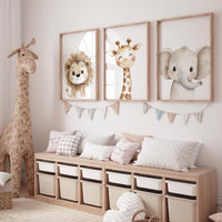 Safari Animal Nursery Wall Art Set of 3, Lion Giraffe Elephant Prints, Neutral Jungle Baby Room Decor, Cute Watercolor Zoo Animals