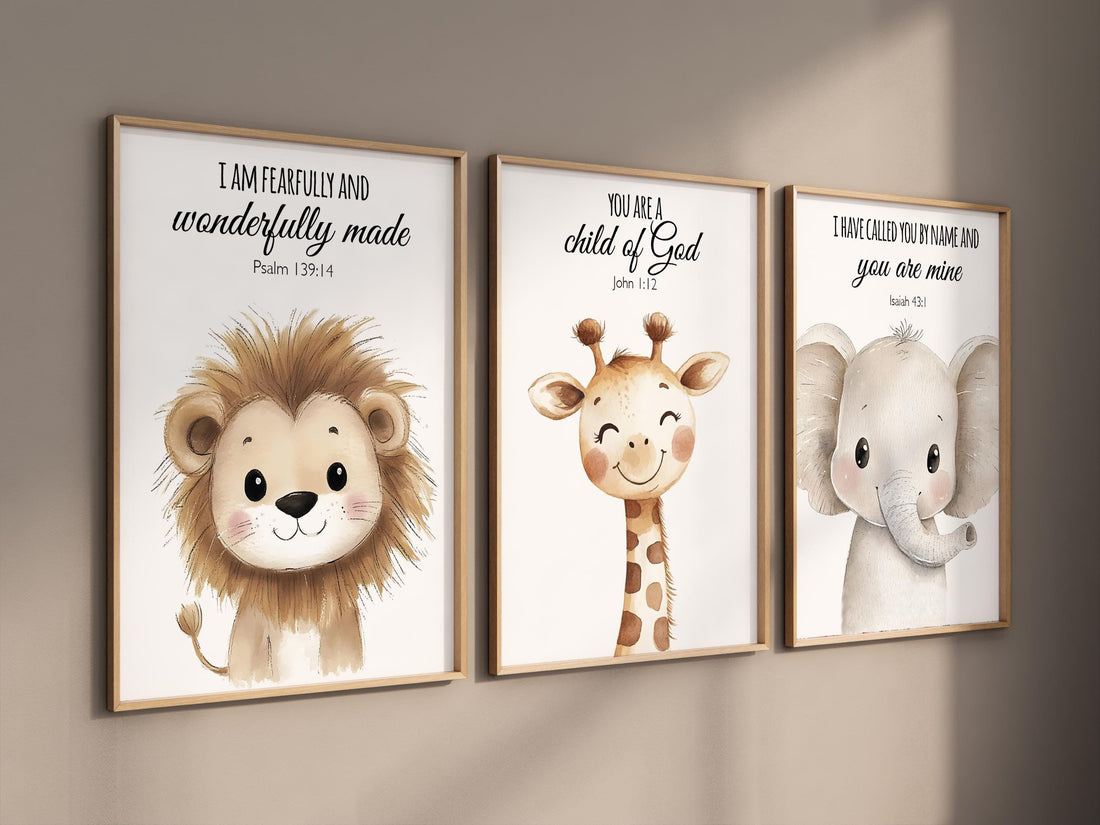 Nursery wall art animals, gray nursery, gender neutral, neutral nursery, verse nursery, bible verse, lion, elephant, giraffe, animal prints