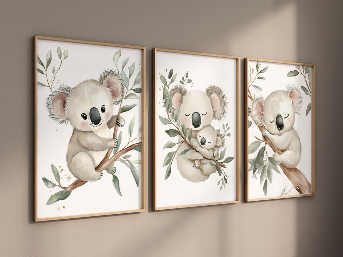 Koala Nursery Wall Art, Baby Koala Print Set, Woodland Animal Prints, Neutral Nursery Decor, Baby Shower Gift, Eucalyptus Wall Art