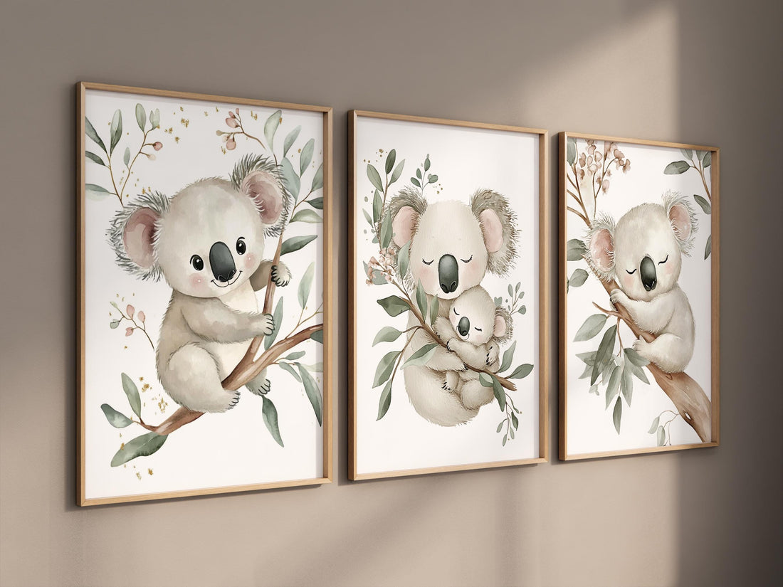 Koala Bear Nursery Wall Art Set of 3 - Baby Animal Prints for Kids Room - Woodland Jungle Decor - Neutral Gender Baby Room Posters