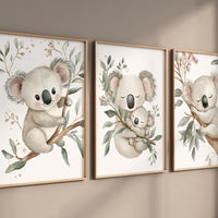Koala Bear Nursery Wall Art Set of 3 - Baby Animal Prints for Kids Room - Woodland Jungle Decor - Neutral Gender Baby Room Posters