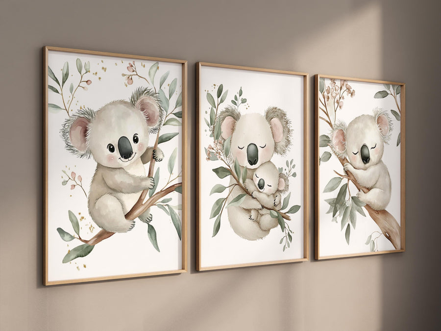 Koala Bear Nursery Wall Art Set of 3 - Baby Animal Prints for Kids Room - Woodland Jungle Decor - Neutral Gender Baby Room Posters