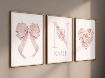 Pink Floral Nursery Wall Art Set of 3 - Bow Heart Name Print for Baby Girl - Custom Initial Poster - Elegant Baby Girl Room Decor