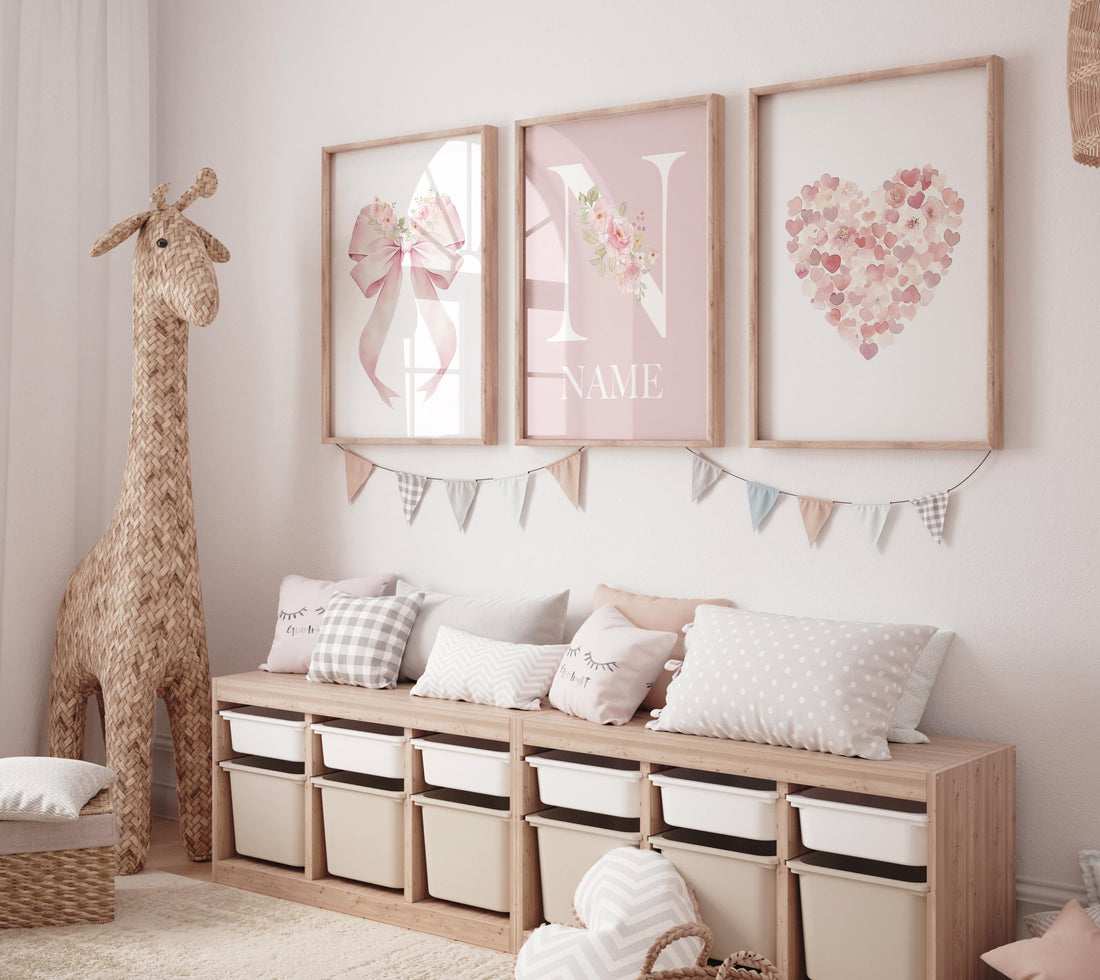 Pink Floral Nursery Wall Art Set of 3 - Bow Heart Name Print for Baby Girl - Custom Initial Poster - Elegant Baby Girl Room Decor