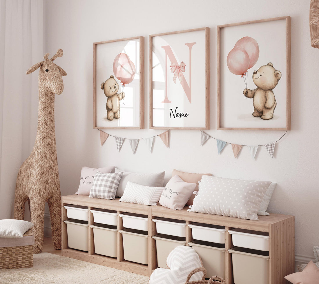 Bear Balloon Nursery Wall Art Set of 3 - Personalized Baby Name Print for Girl - Blush Pink Teddy Bear Baby Room Decor - Nursery Posters