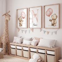 Bear Balloon Nursery Wall Art Set of 3 - Personalized Baby Name Print for Girl - Blush Pink Teddy Bear Baby Room Decor - Nursery Posters