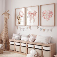 Pink Bear Balloon Nursery Wall Art – Blush Bow and Heart Prints – Baby Girl Room Decor – Cute Animal Baby Shower Gift Set