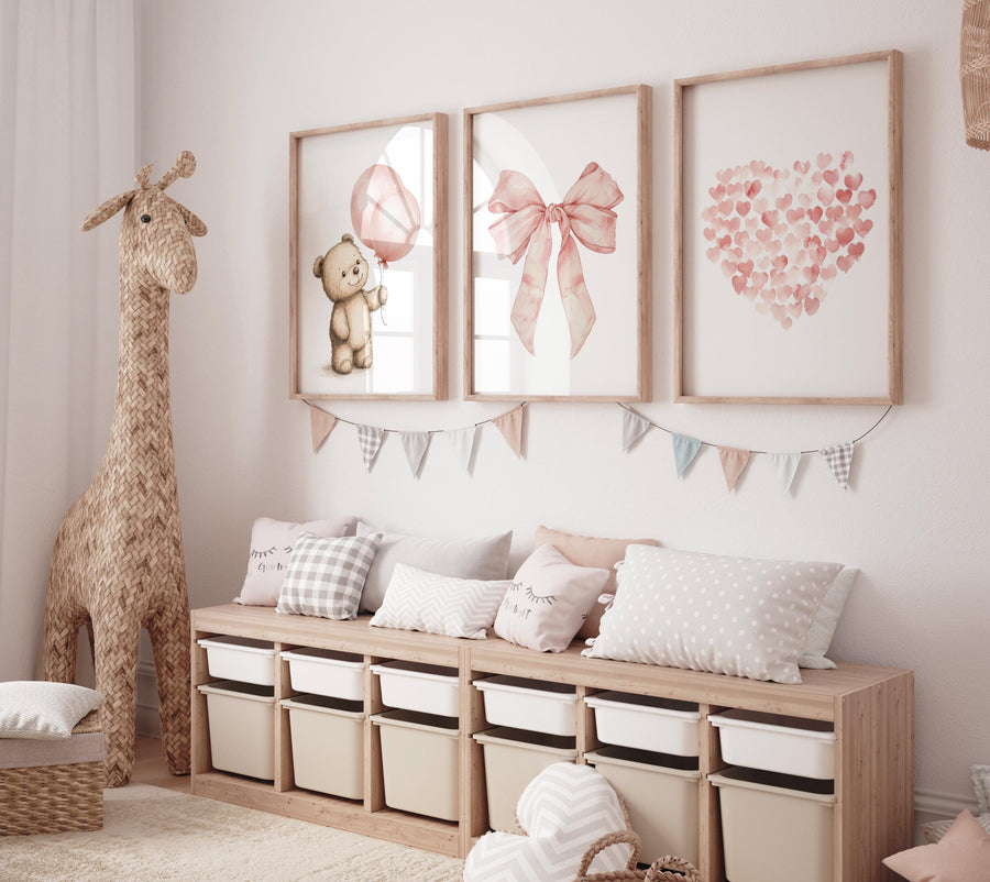 Blush Pink Bear Nursery Wall Art, You Are So Loved Quote, Heart Print, Baby Girl Room Decor, Cute Teddy Bear Poster Set, girl room