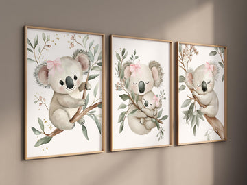 Koala Bear Nursery Wall Art Set of 3 - Baby Girl Room Decor - Pink Bow Jungle Animal Prints - Woodland Nursery Posters - Koala Baby print