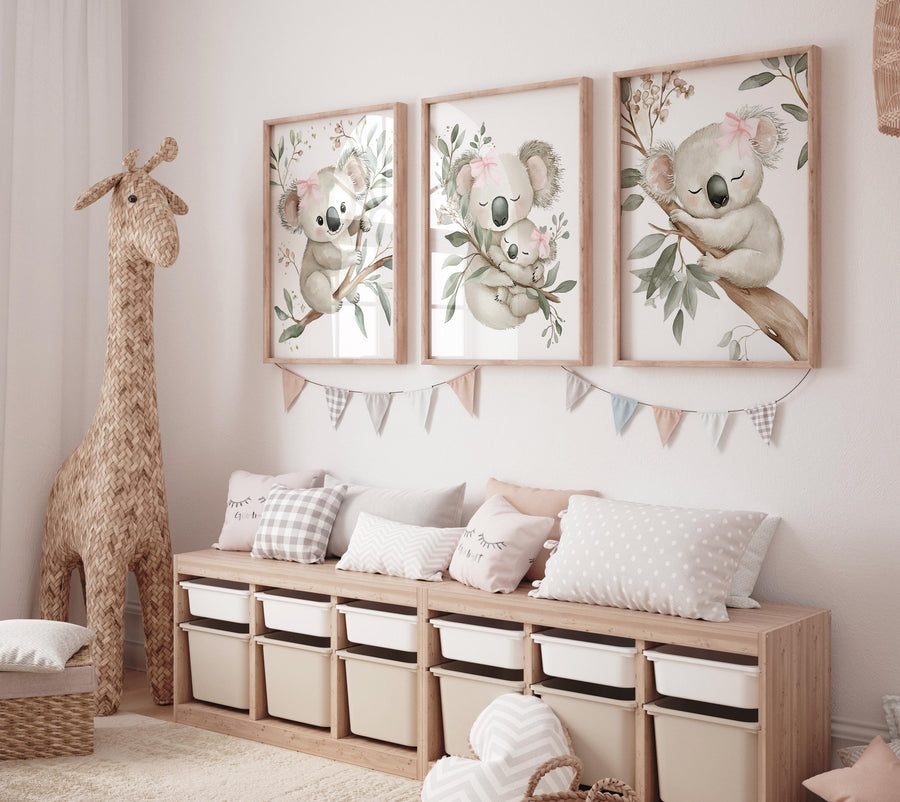 Koala Bear Nursery Wall Art Set of 3 - Baby Girl Room Decor - Pink Bow Jungle Animal Prints - Woodland Nursery Posters - Koala Baby print