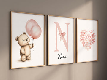 Blush Pink Bear Balloon Nursery Wall Art Set, Baby Girl Name Print, Personalized Initial, Heart Art for Girl's Room Decor
