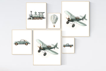 Vehicle art print set, sage green, Boys room, car train plane boat hot air balloon, boys transportation print, boys nursery room decor
