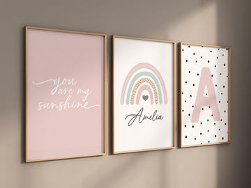 Boho Rainbow Nursery Wall Art, You Are My Sunshine Quote, Personalized Name & Initial Print, Baby Girl Room Decor, baby girl room decor