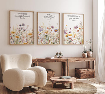 Bible Verse Wall Art Set, Floral Scripture Prints, Christian Nursery Decor, Fearfully Made, Child of God, You Are Mine, Pastel Flowers