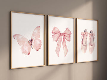 Pink Ballet Nursery Wall Art Set, Butterfly Bow and Shoes Prints, Blush Girl Room Decor, Watercolor Dance Theme Baby Bedroom Poster
