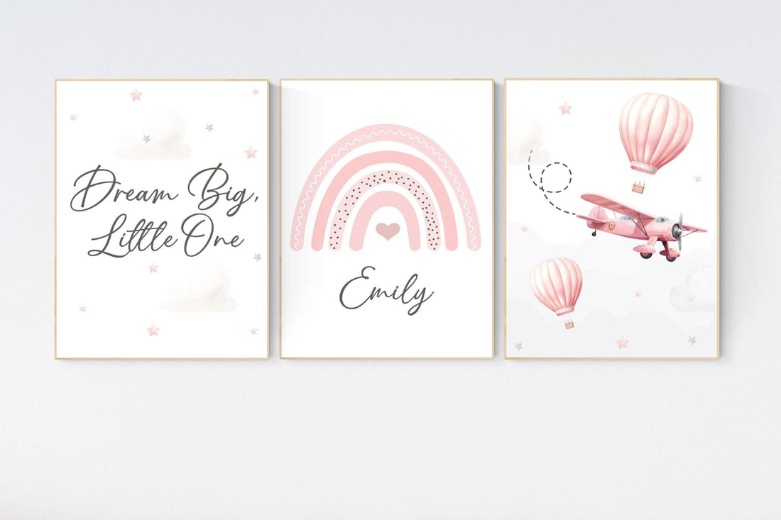 Blush Pink Nursery Wall Art Set, Dream Big Quote, Rainbow print, Hot Air Balloon & Airplane Prints, Baby Girl Room Decor