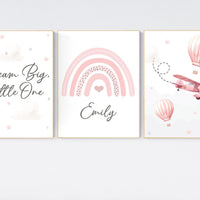 Blush Pink Nursery Wall Art Set, Dream Big Quote, Rainbow print, Hot Air Balloon & Airplane Prints, Baby Girl Room Decor