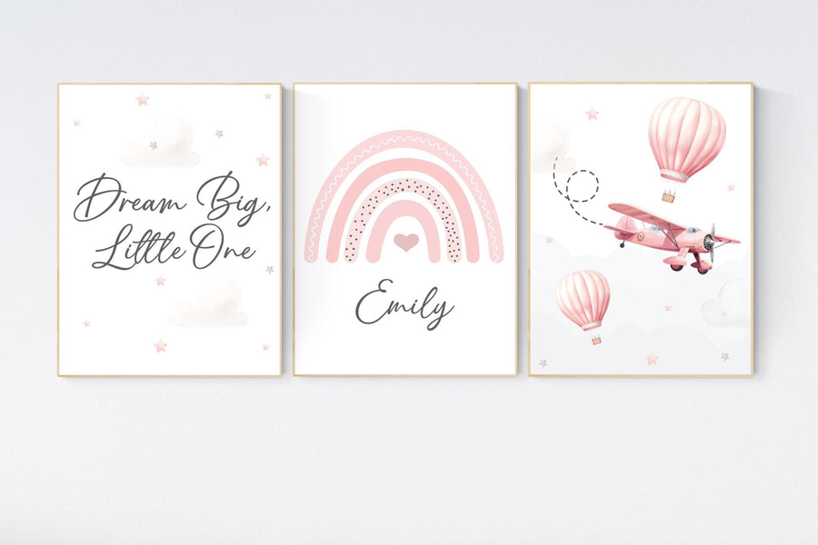 Blush Pink Nursery Wall Art Set, Dream Big Quote, Rainbow print, Hot Air Balloon & Airplane Prints, Baby Girl Room Decor