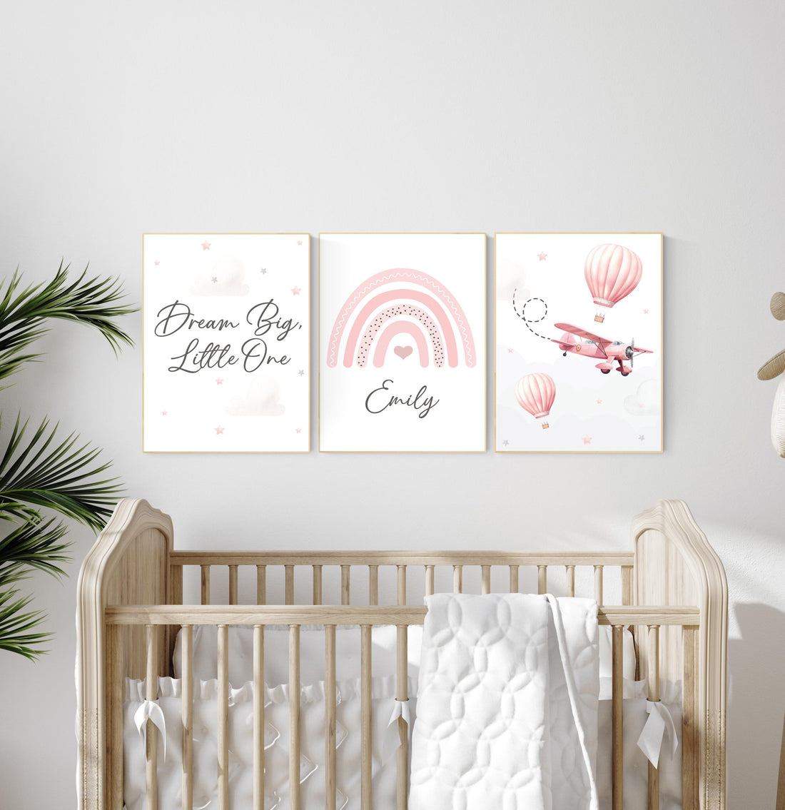 Blush Pink Nursery Wall Art Set, Dream Big Quote, Rainbow print, Hot Air Balloon & Airplane Prints, Baby Girl Room Decor