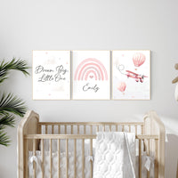 Blush Pink Nursery Wall Art Set, Dream Big Quote, Rainbow print, Hot Air Balloon & Airplane Prints, Baby Girl Room Decor