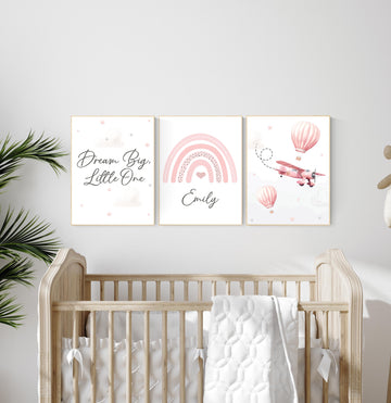 Blush Pink Nursery Wall Art Set, Dream Big Quote, Rainbow print, Hot Air Balloon & Airplane Prints, Baby Girl Room Decor