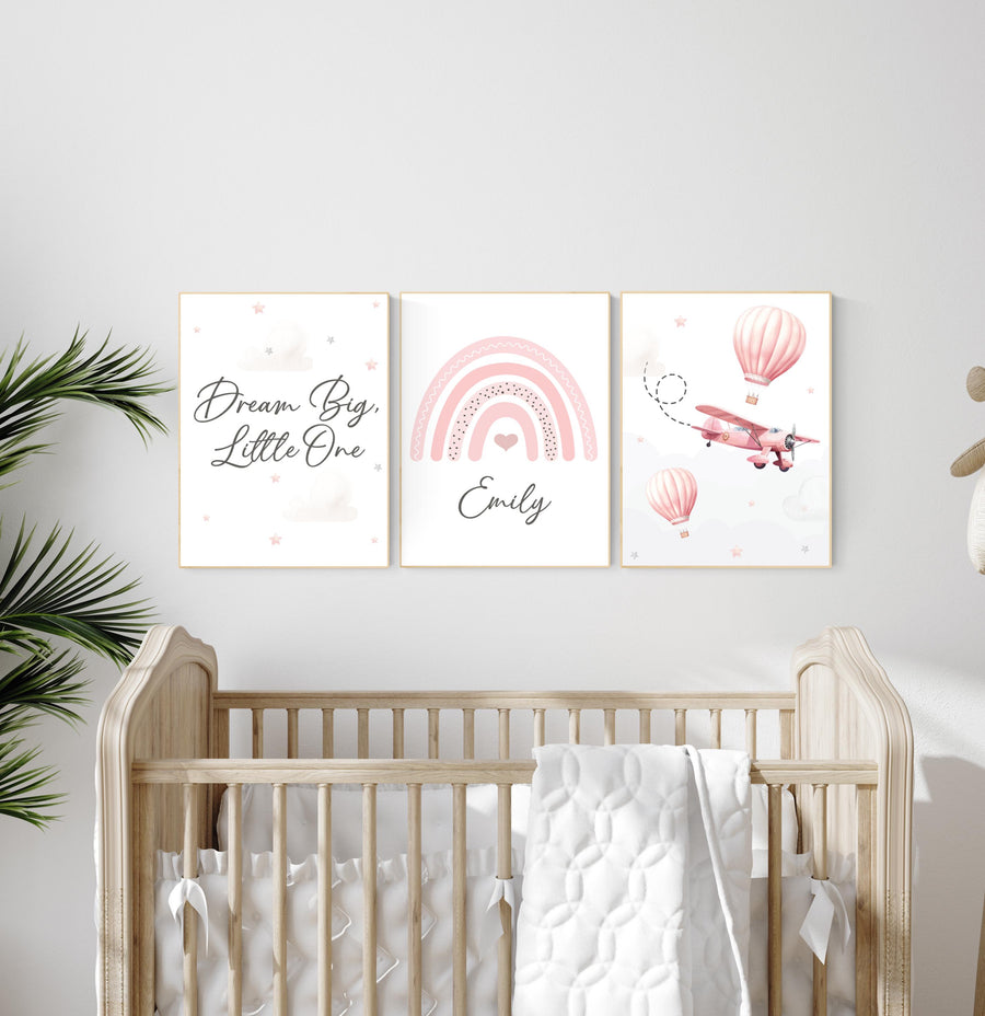Blush Pink Nursery Wall Art Set, Dream Big Quote, Rainbow print, Hot Air Balloon & Airplane Prints, Baby Girl Room Decor
