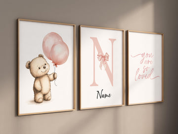 Blush Pink Bear Nursery Wall Art, Personalized Baby Name Print, You Are So Loved Quote, Girl Room Decor, Custom Baby room, girl nursery