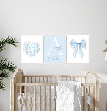 Blue bow nursery prints, Watercolor wall art, Bow nursery print, Blue nursery art set, Watercolor Bow Prints, nursery decor bow