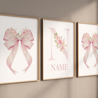 Pink Floral Nursery Wall Art Set of 3 - Bow Name Print for Baby Girl - Custom Initial Poster - Elegant Baby Girl Room Decor, girls room