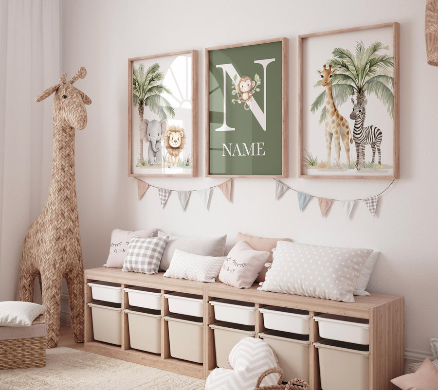 Jungle Animals, Safari Animal Nursery Wall Art Set, gender neutral, personalized Jungle Print , Elephant, Lion, Giraffe, Zebra, Monkey
