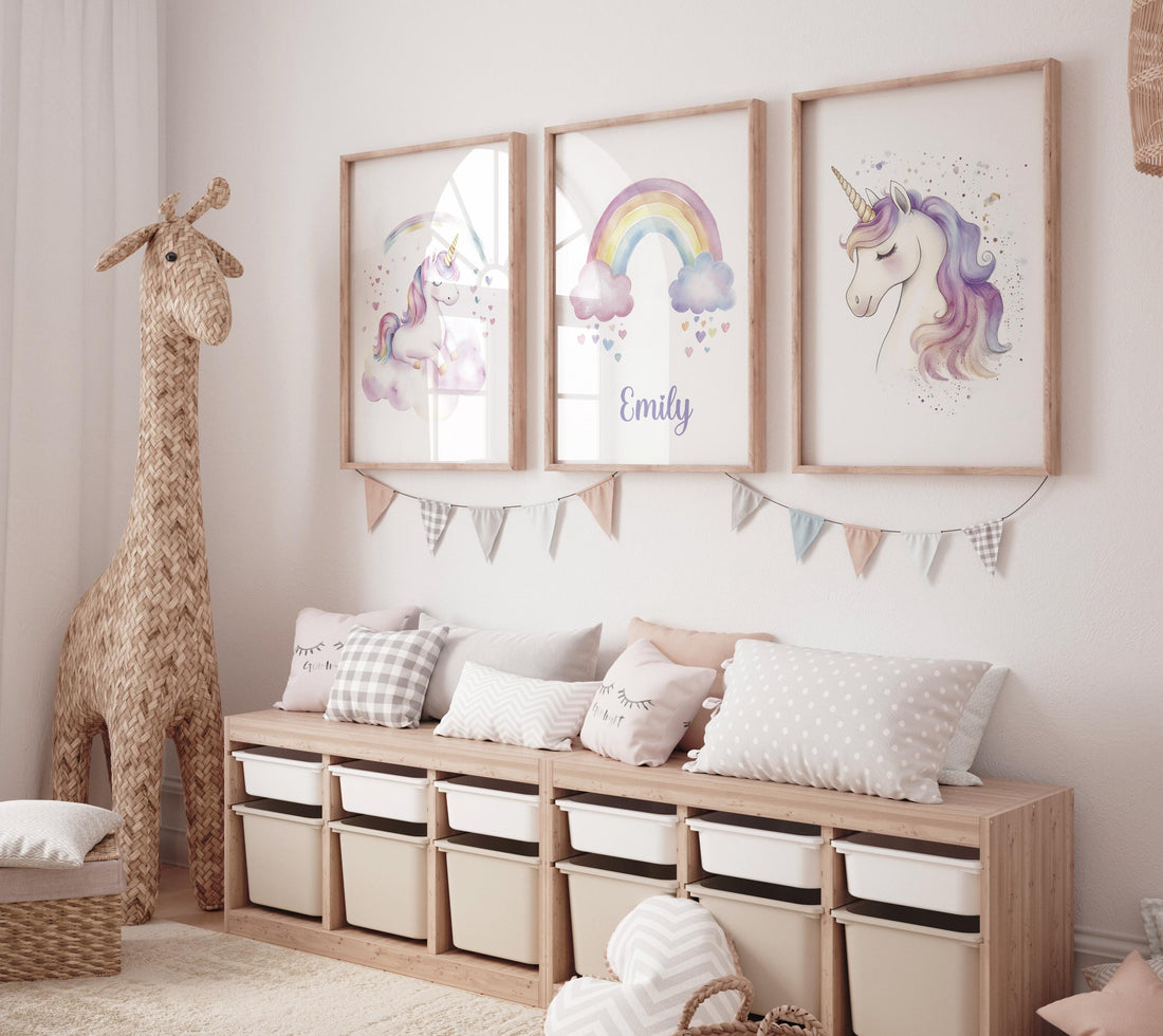 Unicorn Nursery Wall Art Set – Personalized Rainbow Name Print – Pastel Girl Bedroom Decor – Magical Unicorn Prints for Baby Room