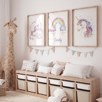 Unicorn Nursery Wall Art Set – Personalized Rainbow Name Print – Pastel Girl Bedroom Decor – Magical Unicorn Prints for Baby Room