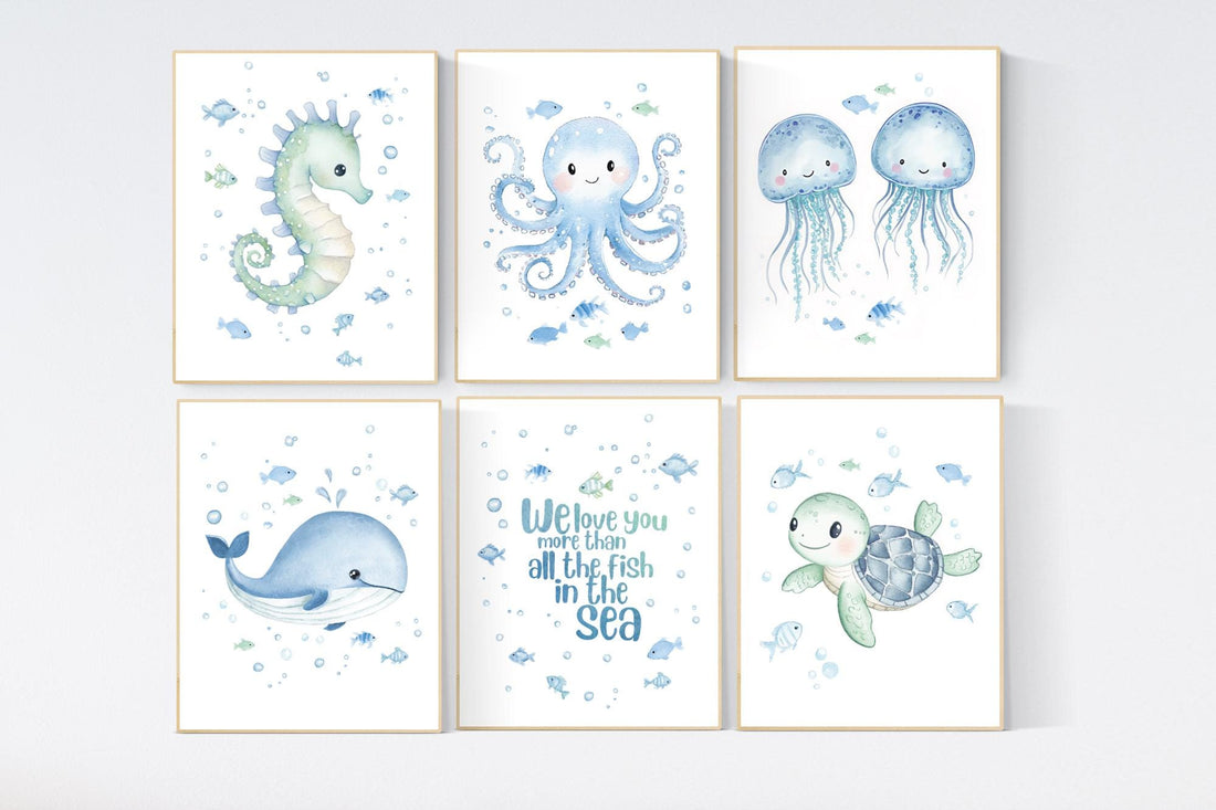 Under the Sea Nursery Wall Art Set, Ocean Animal Prints, Sea Turtle, Whale, Octopus, Jellyfish, Baby Boy Room Decor, Ocean Quote Print