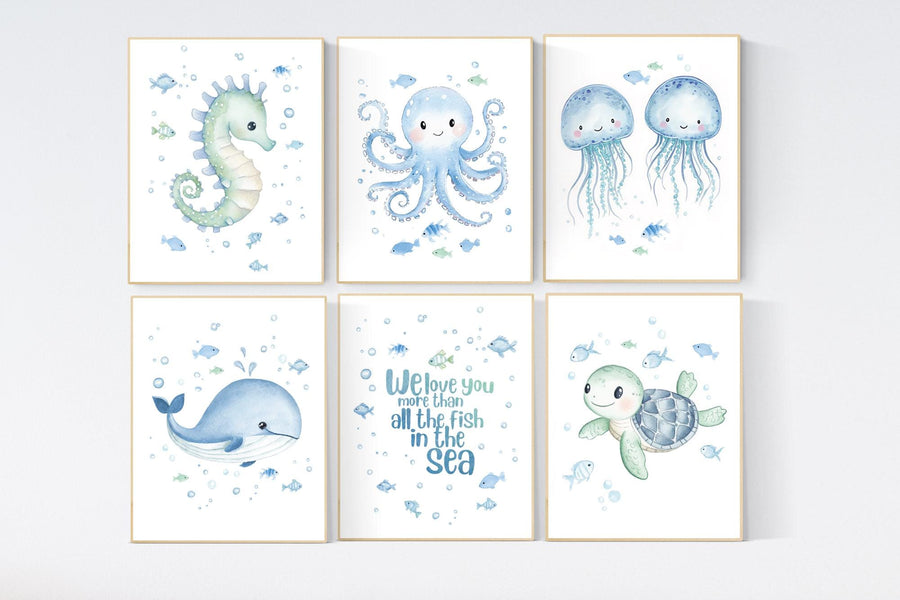Under the Sea Nursery Wall Art Set, Ocean Animal Prints, Sea Turtle, Whale, Octopus, Jellyfish, Baby Boy Room Decor, Ocean Quote Print