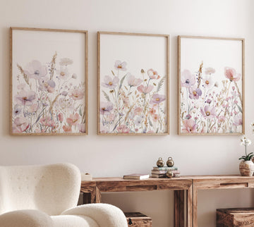Blush Wildflower Wall Art Set, Neutral Watercolor Floral Prints, boho nursery, Botanical Art, Modern Bedroom or Living Room Decor