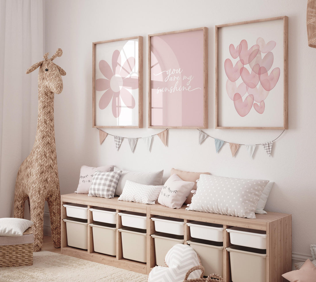 Flower nursery, flower prints for girls room, you are my sunshine, blush nursery, Girl bedroom art, heart print, girls room decor, baby girl