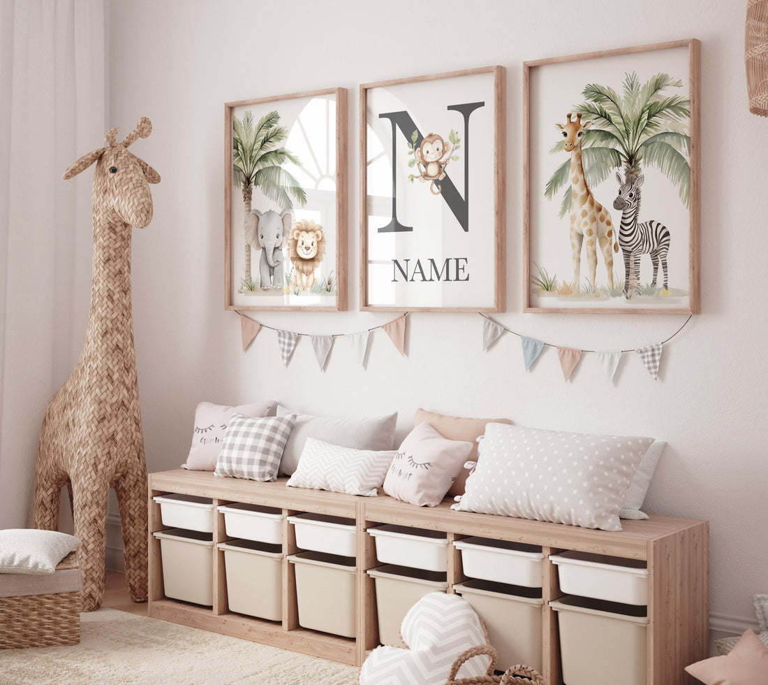 Jungle Animals, Safari Animal Nursery Wall Art Set, gender neutral, personalized Jungle Print , Elephant, Lion, Giraffe, Zebra, Monkey