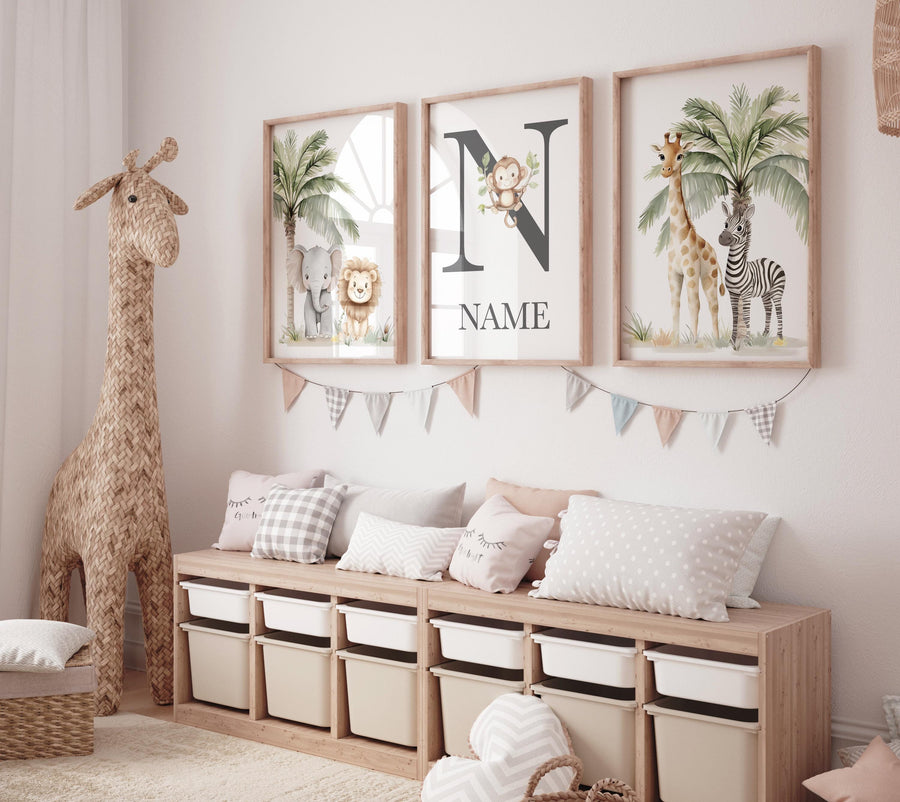 Jungle Animals, Safari Animal Nursery Wall Art Set, gender neutral, personalized Jungle Print , Elephant, Lion, Giraffe, Zebra, Monkey
