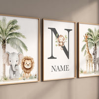 Jungle Animals, Safari Animal Nursery Wall Art Set, gender neutral, personalized Jungle Print , Elephant, Lion, Giraffe, Zebra, Monkey