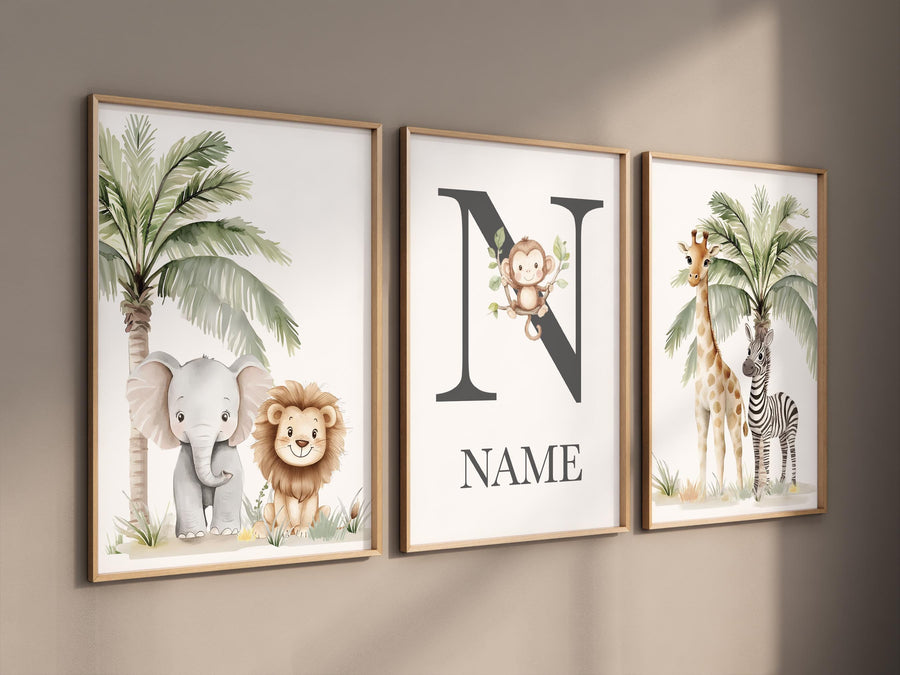 Jungle Animals, Safari Animal Nursery Wall Art Set, gender neutral, personalized Jungle Print , Elephant, Lion, Giraffe, Zebra, Monkey