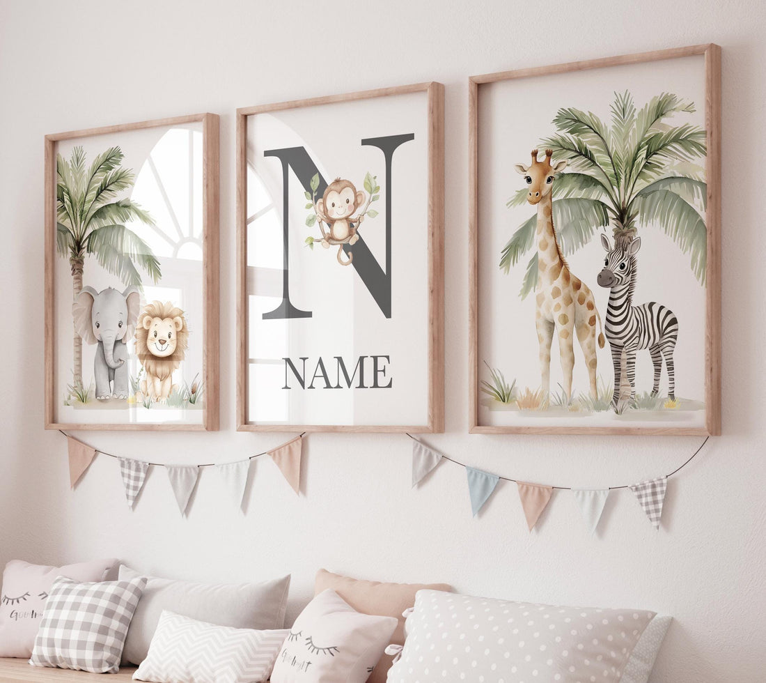 Jungle Animals, Safari Animal Nursery Wall Art Set, gender neutral, personalized Jungle Print , Elephant, Lion, Giraffe, Zebra, Monkey