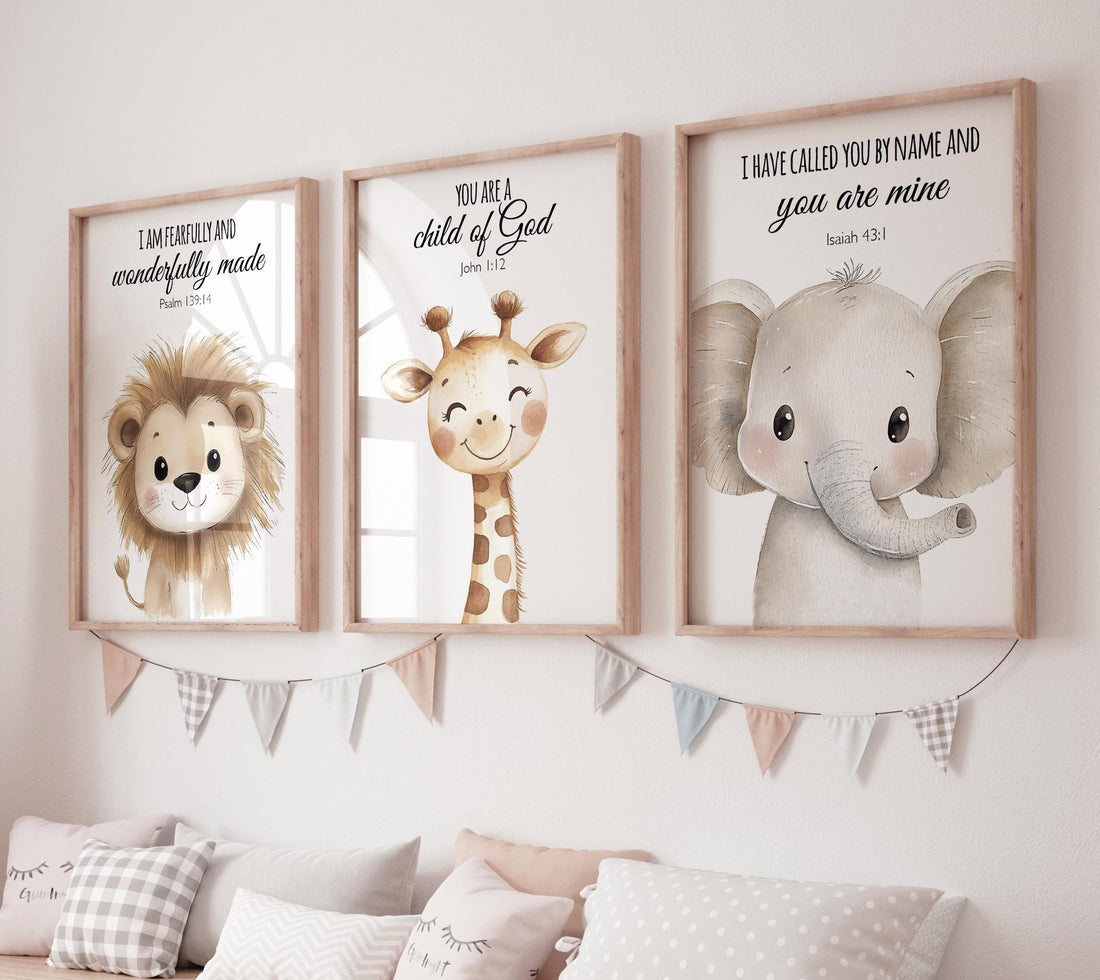 Nursery wall art animals, gray nursery, gender neutral, neutral nursery, verse nursery, bible verse, lion, elephant, giraffe, animal prints