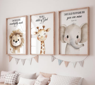 Nursery wall art animals, gray nursery, gender neutral, neutral nursery, verse nursery, bible verse, lion, elephant, giraffe, animal prints