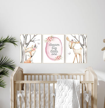 Nursery prints woodland, dream big little one, animal flower crown prints, nursery prints animals, nursery decor girl flower, flower nursery