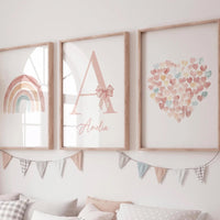 Pastel Rainbow Nursery Wall Art Set – Personalized Name Print – Heart and Bow Girl Room Decor – Blush Boho Baby Girl Wall Prints