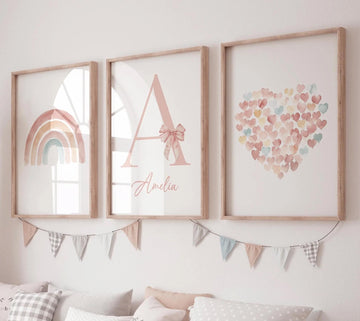 Pastel Rainbow Nursery Wall Art Set – Personalized Name Print – Heart and Bow Girl Room Decor – Blush Boho Baby Girl Wall Prints