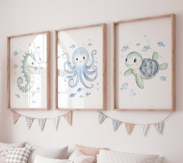 Under the Sea Nursery Wall Art – Seahorse Octopus Turtle Prints – Ocean Baby Room Decor – Sea Animal Watercolor Art for Kids