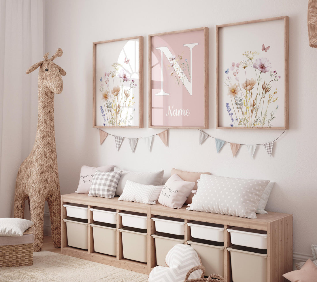 Blush Wildflower Nursery Wall Art Set – Personalized Name Floral Print – Pink Botanical Baby Girl Room Decor – Boho Flower Prints
